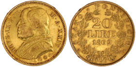 Ausländische Goldmünzen und -medaillen

Italien-Kirchenstaat

Pius IX., 1846-1878

20 Lire 1869 R XXIV, großes Brustbild. 6,45 g. 900/1000. gute...