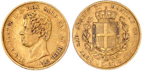 Ausländische Goldmünzen und -medaillen

Italien-Sardinien

Carl Albert, 1831-1849

20 Lire 1842 P Anker, Genua. 6,45 g. 900/1000. sehr schön. Cr...