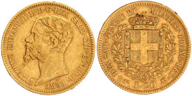 Ausländische Goldmünzen und -medaillen

Italien-Sardinien

Victor Emanuel II., 1849-1878

20 Lire 1851 FB Adlerkopf, Turin. 6,45 g. 900/1000. se...