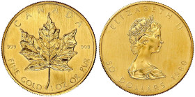 Ausländische Goldmünzen und -medaillen

Kanada

Britisch, seit 1763

50 Dollars Maple Leaf 1980. 1 Unze Feingold. prägefrisch, kl. Kratzer. Krau...