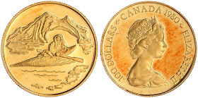 Ausländische Goldmünzen und -medaillen

Kanada

Britisch, seit 1763

100 Dollars 1980, Inuit im Kajak vor Eisberg. 16,97 g. 917/1000. Im Origina...