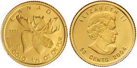 Ausländische Goldmünzen und -medaillen

Kanada

Britisch, seit 1763

50 Cents 2004. Elch. 1/25 Unze Feingold. In Kapsel. Polierte Platte. Krause...