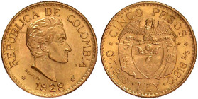 Ausländische Goldmünzen und -medaillen

Kolumbien

Republik, seit 1820

5 Pesos 1928. Fehler MFDFLLIN. 7,99 g. 917/1000. prägefrisch/fast Stempe...
