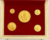 Ausländische Goldmünzen und -medaillen

Kolumbien

Republik, seit 1820

Goldmünzensatz zu 1500, 500, 300, 200 und 100 Pesos 1968 NI, auf des Pap...