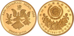 Ausländische Goldmünzen und -medaillen

Korea-Süd

25000 Won 1987/1988. Olympiade/Fächertanz. Je 16,81 g. 925/1000. In leicht beschädigter Origina...