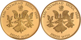 Ausländische Goldmünzen und -medaillen

Korea-Süd

2 X 25000 Won 1987/1988. Olympiade/Fächertanz. Je 16,81 g. 925/1000. In leicht beschädigten Ori...