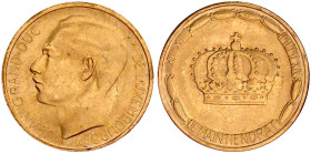 Ausländische Goldmünzen und -medaillen

Luxemburg

Jean, seit 1964

Gedenkmünze zu (20 Francs) 1964, auf seine Krönung. 6,45 g. 900/1000. Stempe...