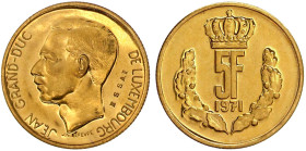 Ausländische Goldmünzen und -medaillen

Luxemburg

Jean, 1964-2000

Probeprägung des 5 Francs Jean mit ESSAI 1971. 11,47 g. 917/1000. Auflage nu...