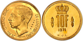 Ausländische Goldmünzen und -medaillen

Luxemburg

Jean, 1964-2000

Probeprägung des 10 Francs Jean mit ESSAI 1971. 15,74 g. 917/1000. Auflage n...