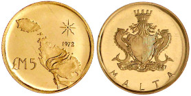 Ausländische Goldmünzen und -medaillen

Malta

British Commonwealth, 1964-1974

5 Pfund 1972. Hand mit Fackel vor der Karte der Inseln Malta und...