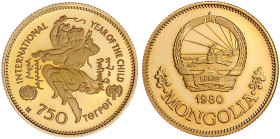 Ausländische Goldmünzen und -medaillen

Mongolei

750 Tugrik 1980. Jahr des Kindes. 18,79 g. 900/1000. In Kapsel. Polierte Platte. Krause/Mishler ...