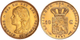 Ausländische Goldmünzen und -medaillen

Niederlande

Wilhelmina, 1890-1948

10 Gulden 1897. Mit langem Haar. 6,72 g. 900/1000. vorzüglich/Stempe...