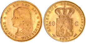 Ausländische Goldmünzen und -medaillen

Niederlande

Wilhelmina, 1890-1948

10 Gulden 1897. Mit langem Haar. 6,72 g. 900/1000. vorzüglich/Stempe...