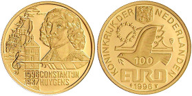 Ausländische Goldmünzen und -medaillen

Niederlande

Beatrix, 1980-2013

100 Euro 1996, Constantijn Huygens. 3,5 g. 916/1000. In Kapsel mit Zert...