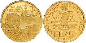 Ausländische Goldmünzen und -medaillen

Niederlande

Beatrix, 1980-2013

100 Euro 1996, Wilhelm Barensz. 3,5 g. 983/1000. Im Originaletui mit Ze...