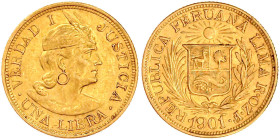 Ausländische Goldmünzen und -medaillen

Peru

Republik, seit 1821

1 Libra 1901 GOZG. 7,99 g. 917/1000. vorzüglich. Krause/Mishler 207.