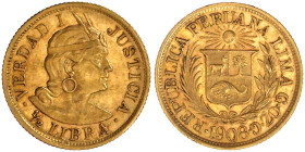 Ausländische Goldmünzen und -medaillen

Peru

Republik, seit 1821

1/2 Libra 1908. GOZG. 3,99 g. 917/1000. Auflage nur 8180 Ex. vorzüglich. Krau...