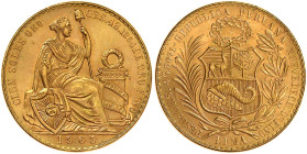 Ausländische Goldmünzen und -medaillen

Peru

Republik, seit 1821

100 Soles 1965. Sitzende Freiheit. 46,81 g. 900/1000. prägefrisch/fast Stempe...