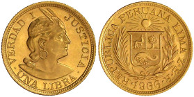 Ausländische Goldmünzen und -medaillen

Peru

Republik, seit 1821

Libra (Pound) 1966. 7,99 g. 917/1000. fast Stempelglanz, Prachtexemplar. Krau...