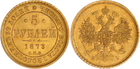 Ausländische Goldmünzen und -medaillen

Russland

Alexander II., 1855-1881

5 Rubel 1873 HI, St. Petersburg. 6,57 g. 900/1000. prägefrisch/fast ...