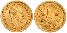 Ausländische Goldmünzen und -medaillen

Schweden

Oscar II., 1872-1907

5 Kronen 1899 EB. 2,24 g. 900/1000. vorzüglich/Stempelglanz. Friedberg 9...