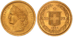 Ausländische Goldmünzen und -medaillen

Schweiz

Eidgenossenschaft, seit 1850

20 Franken 1886. Helvetia. 6,45 g. 900/1000. prägefrisch/fast Ste...