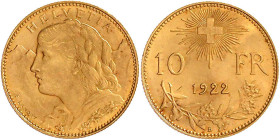 Ausländische Goldmünzen und -medaillen

Schweiz

Eidgenossenschaft, seit 1850

10 Franken Vreneli 1922 B. 3,23 g. 900/1000. vorzüglich/Stempelgl...