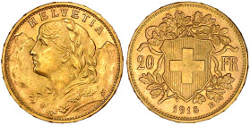 Ausländische Goldmünzen und -medaillen

Schweiz

Eidgenossenschaft, seit 1850

20 Franken Vreneli 1915 B. 6,45 g. 900/1000. fast Stempelglanz. D...