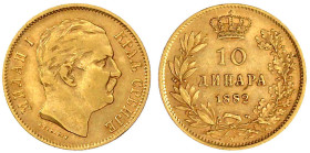 Ausländische Goldmünzen und -medaillen

Serbien

Milan Obrenovich, 1868-1889

10 Dinara 1882 V, Wien. 3,22 g. 900/1000. sehr schön. Friedberg 5....