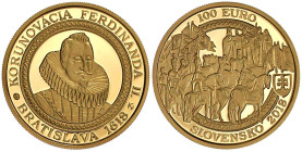 Ausländische Goldmünzen und -medaillen

Slowakei

Republik, seit 1993

100 Euro 2018. Krönung Ferdinand II. 9,5 g. 900/1000. In Originalschatull...