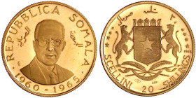 Ausländische Goldmünzen und -medaillen

Somalia

Republik, seit 1960

20 Shillings/Scellini 1965 auf 5 Jahre Unabhängigkeit. 2,8 g. 900/1000. Im...