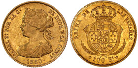 Ausländische Goldmünzen und -medaillen

Spanien

Isabella II., 1833-1868

100 Reales 1860. Stern mit 6 Strahlen. 8,33 g. 900/1000. vorzüglich. F...