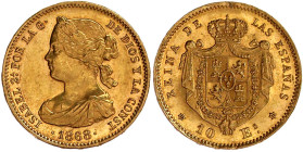 Ausländische Goldmünzen und -medaillen

Spanien

Isabella II., 1833-1868

10 Escudos 1868 (73). 8,39 g. 900/1000. vorzüglich, selten. Krause/Mis...