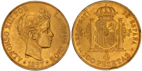Ausländische Goldmünzen und -medaillen

Spanien

Alfonso XIII., 1886-1933

100 Pesetas 1897 (18-97) SG V. 32,22 g. 900/1000. sehr schön/vorzügli...