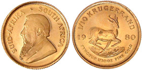 Ausländische Goldmünzen und -medaillen

Südafrika

Republik, seit 1961

1/10 Krügerrand 1980. 1/10 Unze Feingold. Stempelglanz. Krause/Mishler 1...