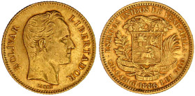 Ausländische Goldmünzen und -medaillen

Venezuela

Republik, 1954 bis heute

(20 Bolivares) 1886 (low 6). 6,45 g. 900/1000. sehr schön, kl. Rand...