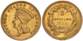 Ausländische Goldmünzen und -medaillen

Vereinigte Staaten von Amerika

Unabhängigkeit, seit 1776

3 Dollars 1854. Liberty Head with feather hea...