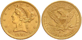 Ausländische Goldmünzen und -medaillen

Vereinigte Staaten von Amerika

Unabhängigkeit, seit 1776

5 Dollars 1901 S, San Francisco. Coronet Head...