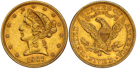 Ausländische Goldmünzen und -medaillen

Vereinigte Staaten von Amerika

Unabhängigkeit, seit 1776

5 Dollars 1907 D, Denver. 8,36 g. 900/1000 gu...