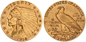 Ausländische Goldmünzen und -medaillen

Vereinigte Staaten von Amerika

Unabhängigkeit, seit 1776

2 1/2 Dollars 1914, Philadelphia. Indian Head...
