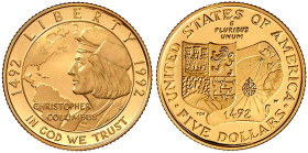 Ausländische Goldmünzen und -medaillen

Vereinigte Staaten von Amerika

Unabhängigkeit, seit 1776

5 Dollars 1992, Kolumbus. 8,36 g. 900/1000. I...