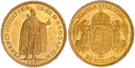 Gold der Habsburger Erblande und Österreichs

Haus Habsburg

Franz Joseph I., 1848-1916

20 Korona 1897 KB. Stehender Herrscher. Für Ungarn. 6,7...