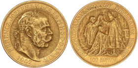 Gold der Habsburger Erblande und Österreichs

Haus Habsburg

Franz Joseph I., 1848-1916

100 Kronen 1907 KB, Jubiläumsprägung. 33,87 g. 900/1000...