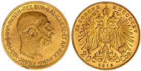 Gold der Habsburger Erblande und Österreichs

Haus Habsburg

Franz Joseph I., 1848-1916

20 Kronen 1915, offizielle NP. 6,78 g. 900/1000. prägef...