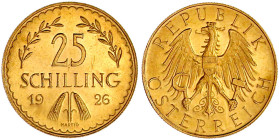Gold der Habsburger Erblande und Österreichs

Republik Österreich

1. Republik, 1918-1938

25 Schilling 1926. 5,87 g. 900/1000. Erstabschlag, mi...