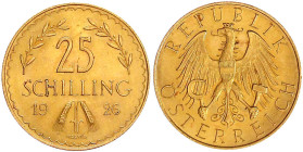Gold der Habsburger Erblande und Österreichs

Republik Österreich

1. Republik, 1918-1938

25 Schilling 1926. 5,87 g. 900/1000. vorzüglich/Stemp...