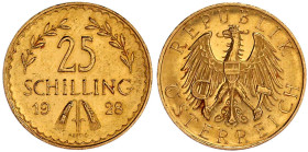 Gold der Habsburger Erblande und Österreichs

Republik Österreich

1. Republik, 1918-1938

25 Schilling 1928. 5,87 g. 900/1000. vorzüglich. J. 4...