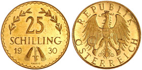 Gold der Habsburger Erblande und Österreichs

Republik Österreich

1. Republik, 1918-1938

25 Schilling 1930. 5,87 g. 900/1000. vorzüglich/Stemp...