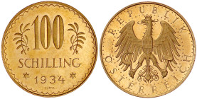 Gold der Habsburger Erblande und Österreichs

Republik Österreich

1. Republik, 1918-1938

100 Schilling 1934. 23,52 g. 900/1000. Auflage nur 93...
