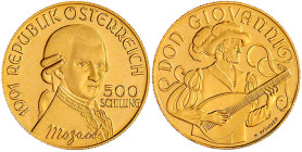 Gold der Habsburger Erblande und Österreichs

Republik Österreich

2. Republik, seit 1945

500 Schilling Mozart "Don Giovanni" 1991. 8,11 g. 950...